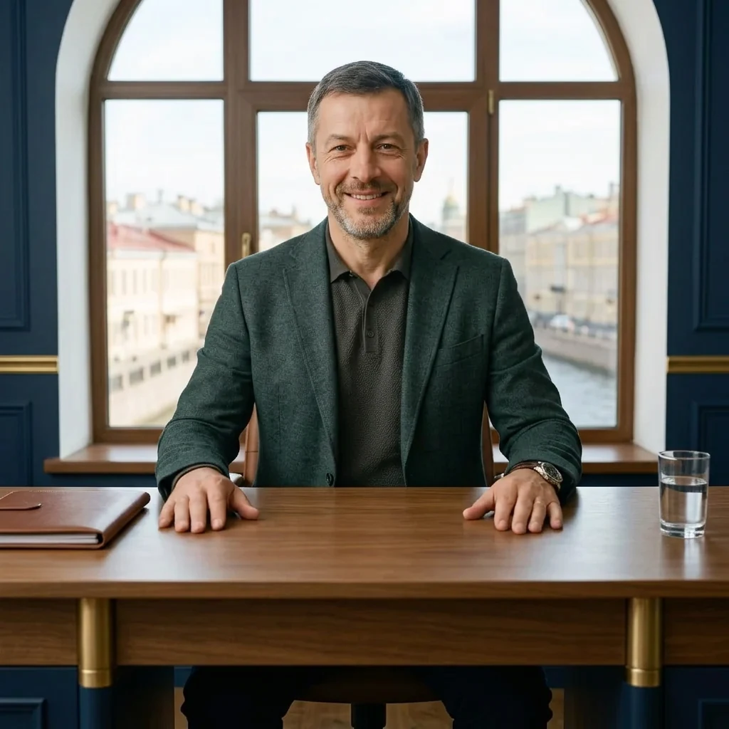 Алексей Страхов консультирует клиентов в офисе